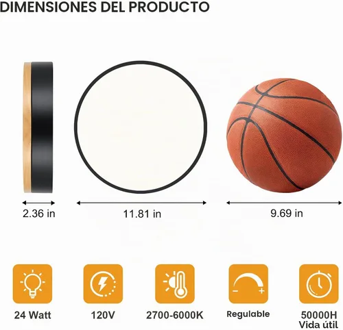 Vista 2 de Lámpara de techo LED regulable de madera, redonda, color negro, 11.81 pulgadas Moderna 2700K-6000K 5CCT Ajuste de Color Minimalista Para Cocina