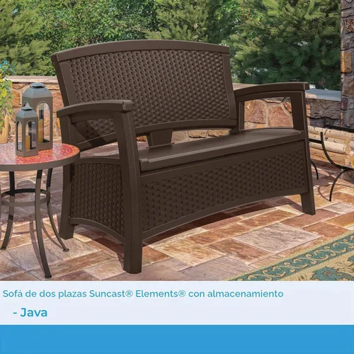 Vista 2 de Suncast Banco de mimbre para exterior con almacenamiento de 23 galones, asientos cómodos para dos, respaldo ergonómico, muebles para todo
