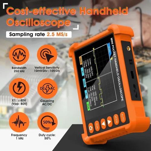 Vista 2 de BTMETER Mini osciloscopio digital de mano – Ancho de banda de 250 kHz, muestreo de 2.5 MSa/s, LCD de 2.8 pulgadas, disparador Naranja