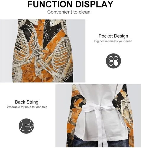 Vista 6 de MUSM Apron for Adults - 27.6 X 31.5 Inch, Heavy-Duty Polyester Aprons with Two Large Pockets, Waterproof Two Dancing Skeletons Kitchen Apron for