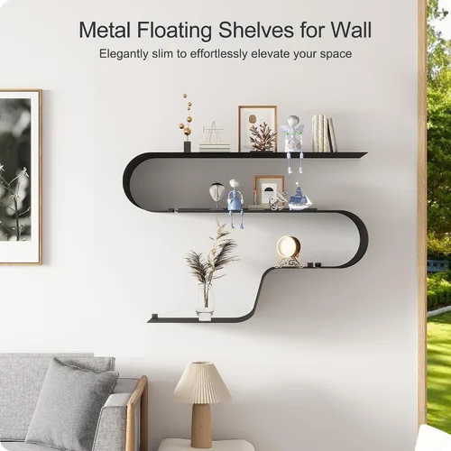 Vista 5 de Juego de 3 estantes flotantes negros, decoración de metal negro, estante flotante montado único, estante de pared largo moderno, estantes de pared
