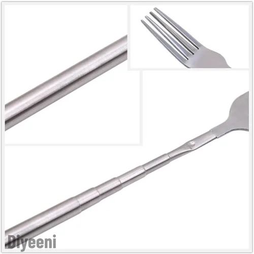 Vista 7 de Tenedor de cena de acero inoxidable, barbacoa telescópica extensible cena fruta postre mango largo tenedor cubiertos de acero inoxidable, anti