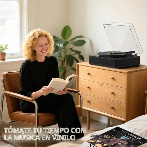 Vista 7 de Reproductor de discos de vinilo con altavoces estéreo, tocadiscos de tamaño completo para discos de vinilo, entrada y salida Bluetooth, reproductor