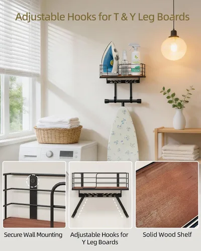 Vista 7 de THYGIFTREE Gancho ajustable para tabla de planchar para montaje en pared, se adapta a tablas en forma de T e Y, marco de metal con estante de madera