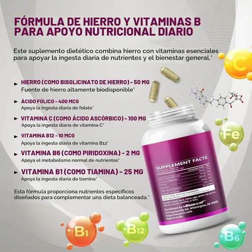 Vista 4 de Hierro natural de alta potencia con vitamina C, ácido fólico, fórmula de alta absorción, vitamina B1, vitamina B6, vitamina B12, ayuda a