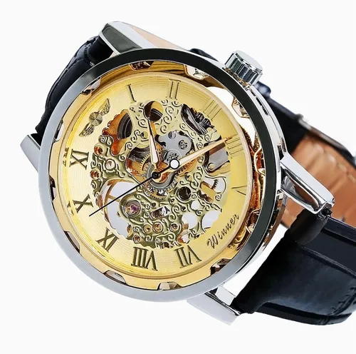 Vista 6 de Vavna Clásico de los hombres de cuero Esqueleto mecánico deporte ejército reloj, Oro, Mecánico