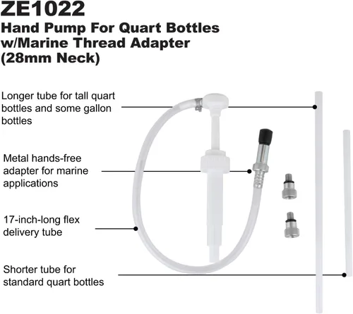 Vista 2 de ZEELINE BY MILTON Bomba manual para botellas de cuarto de galón, cuello de 1.102 in, con adaptador de rosca marina, uso con líquidos diferenciales