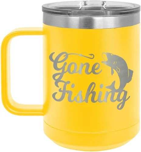 Vista 12 de GONE FISHING Taza de café negra de 15 oz con tapa deslizante Taza de café de viaje aislada Ideas de regalos de cumpleaños o Navidad de mujeres u
