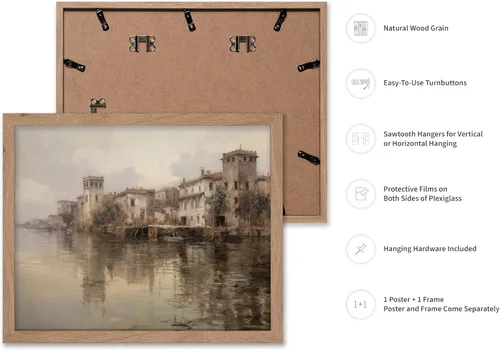 Vista 2 de Poster Master Póster vintage del canal, impresión retro de Venecia, arte de Italia, diseño de casas de ladrillo, ilustración de paisaje, obra