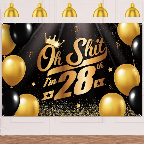 Vista 15 de Oh S*hit I'm 10th Banner telón de fondo negro dorado globos corona confeti Hallo Quince Cheers to 10 años decoración temática decoración para hombre