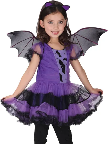 Vista 2 de Disfraz de murciélago para niñas, disfraz de tutú de bruja, disfraz de cosplay con escoba de bruja desmontable