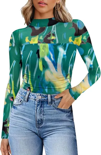 Vista 14 de Camisas de manga larga de malla sexy para mujer, ropa de moda, cuello de tortuga, drapeada, para salir, trajes de otoño, blusas ajustadas Negro