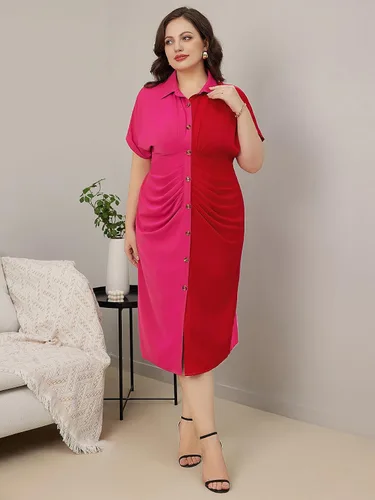 Vista 3 de WDIRARA Vestido camisero con cinturón y manga corta de murciélago para mujer