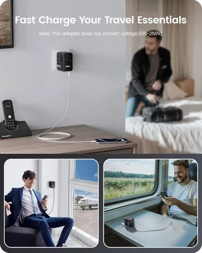Vista 6 de LENCENT Adaptador de viaje universal de 65 W, cargador rápido internacional de GaN 2 USB-A y 2 convertidores de enchufe de alimentación USB-C
