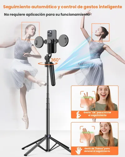 Vista 2 de Yeaki Trípode Automático de Seguimiento Facial de 71” para iPhone con Luz, Soporte de Teléfono Rotativo de 360° con Control Remoto Recargable