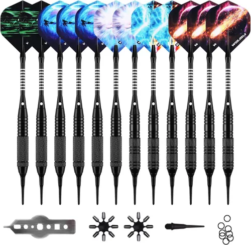 Vista 12 de WIN.MAX Juego de dardos de punta de plástico – Juego de dardos de punta suave – 12 piezas de 0.63 oz con 100 puntas de dardos adicionales, 12