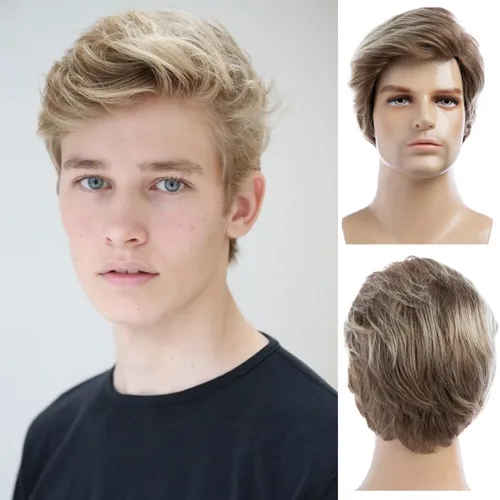 Vista 13 de Peluca negra corta y rizada para hombre, peluca sintética para cosplay, con gorra de peluca