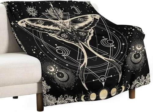 Vista 23 de Manta gótica de franela de polilla abstracta, mágica, bohemia, mariposa, esqueleto, luna, estrellas, manta estética para hombres, mujeres, niñas
