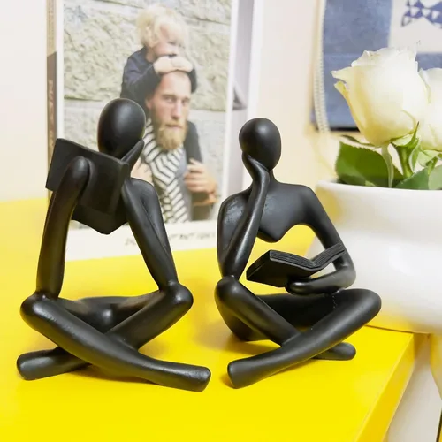 Vista 2 de Estatua negra de 2 piezas para decoración del hogar, estatua de pensador de lectura negra, figuras modernas, escultura estética abstracta, juego