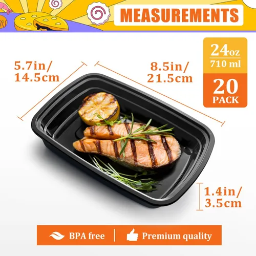 Vista 2 de Teivio Paquete de 20 recipientes de plástico reutilizables para preparación de comidas, 1 compartimento con tapas, contenedores de plástico Bento