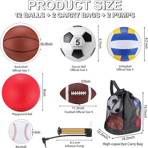 Vista 2 de Deekin Juego de 12 pelotas deportivas surtidas para jóvenes y adultos, tamaño oficial, baloncesto, fútbol, voleibol, fútbol, béisbol, pelota