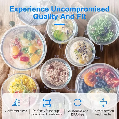 Vista 4 de 14 tapas elásticas de silicona reutilizables de alta calidad para almacenamiento de alimentos, fundas elásticas flexibles y resistentes al calor