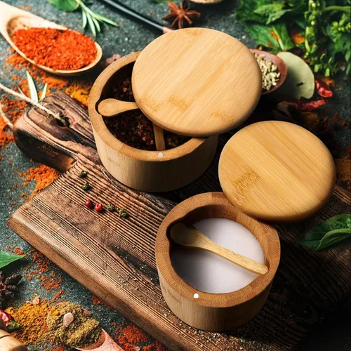Vista 5 de Cuenco de bambú natural para sal y pimienta, bodega de sal de bambú y caja de almacenamiento de especias con cuchara integrada y tapa giratoria