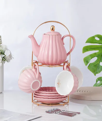 Vista 2 de CLAY TONIC- Juego de tazas de té y café de porcelana fina púrpura de 8 oz, tazas y platillos, con tetera, azucarero, jarra para crema, cucharaditas