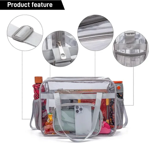 Vista 4 de Bolsas Transparentes Aprobadas para Estadios, Bolsa Tote Transparente + Correa para el Hombro, Bolsa Transparente Grande