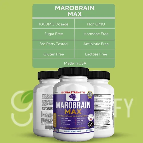Vista 4 de MAROBRAIN MAX Suplemento de apoyo cerebral extra fuerte, 60 cápsulas, con mezcla de hierbas, vitaminas A C D complejo B, DHA, semilla de uva, bacopa