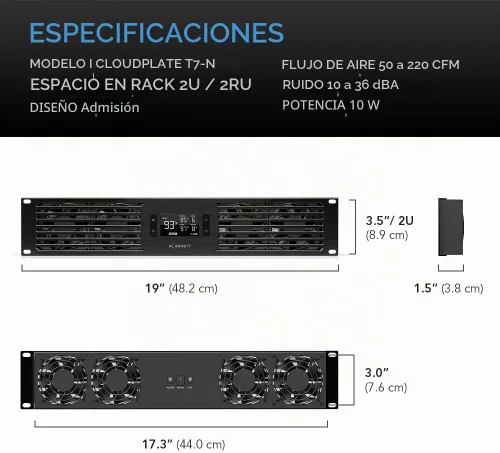 Vista 6 de Panel de ventiladores silenciosos AC Infinity CLOUDPLATE T7-N, toma de aire para refrigerar AV, Home Theater, red de trabajo, estante de 19", 2