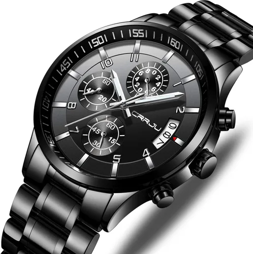 Vista 2 de CRRJU - Reloj de pulsera, de acero inoxidable para hombre, resistente al agua, cronógrafo, correa de acero inoxidable