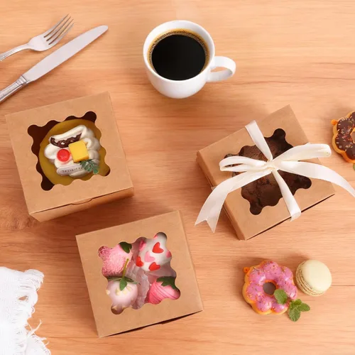 Vista 5 de Moretoes 24 cajas de panadería con ventana, 4 x 4 x 2.5 pulgadas, cajas de galletas marrones para pasteles pequeños, galletas y postres
