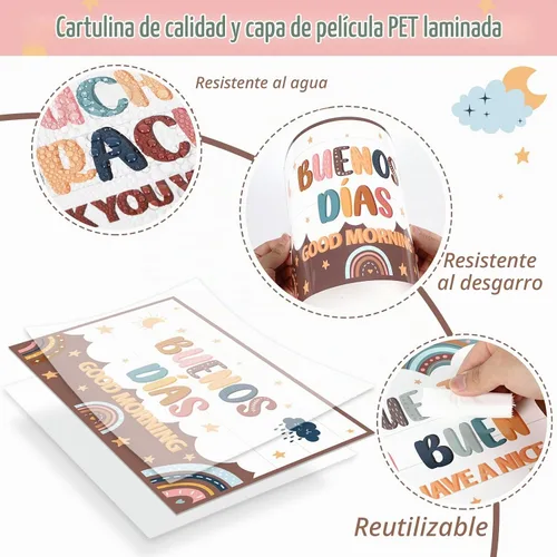 Vista 3 de gisgfim Juego de 16 pósteres de palabras y frases en español, tablero de anuncios, estudio y decoración de aula (Boho)
