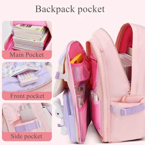 Vista 4 de EKUIZAI Kawaii Colorido Casual Niñas Mochila Escuela Primaria Mochila Dulce y Linda Mochila Infantil con Encanto, Púrpura-L