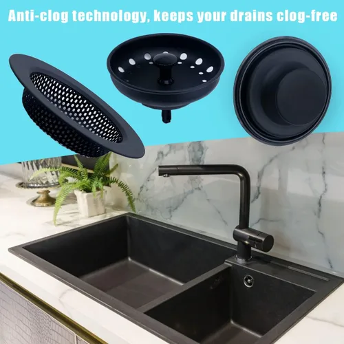 Vista 7 de 3 piezas de tapón para fregadero de cocina, 3 en 1 colador de cesta de fregadero de cocina, tapón universal antiobstrucción de acero inoxidable