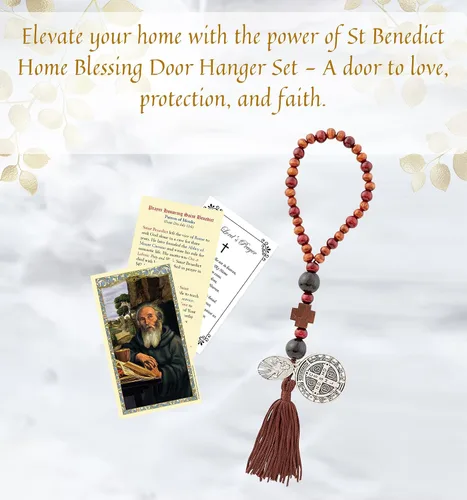 Vista 2 de Benedict Home Blessing - Percha para puerta, oración del Señor, cuentas de madera, bendiciones para el Hogar Puerta, medallas de protección de San