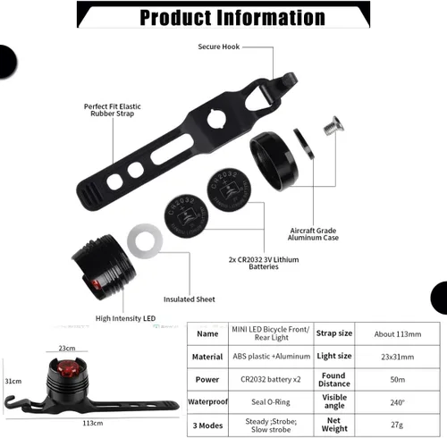 Vista 4 de 2 luces traseras para bicicleta, mini luces LED con correa, visibilidad de 180 grados, seguridad en todos los lados