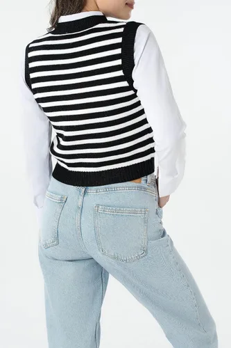 Vista 5 de Chaleco de suéter para mujer, a rayas, con cuello en V, sin mangas, recortado, estilo preppy, chaleco de punto