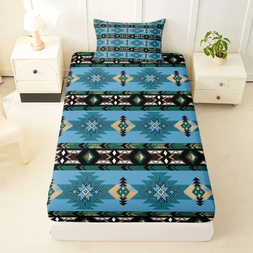 Vista 17 de Juego de ropa de cama de estilo bohemio occidental, tamaño individual, diseño de vaca atrapasueños, sábana bajera ajustable del suroeste, tribu