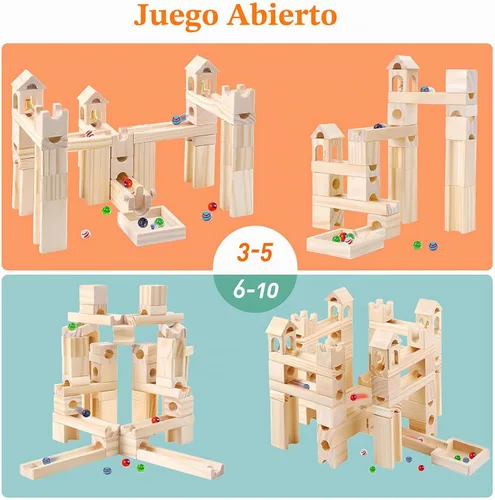 Vista 2 de Pista de Canicas de Madera para Niños de 4 a 8 años, 60 piezas de bloques de construcción de madera y juego de construcción, juego de laberinto
