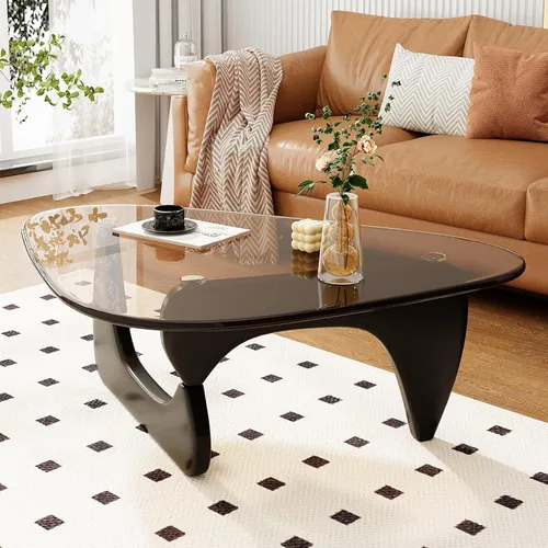 Vista 7 de Mesa de café para sala de estar, mesa central moderna de mediados de siglo con tapa de vidrio y madera, marrón/negro