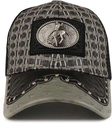 Vista 2 de Trendy Apparel tienda paja diseño metálico Rodeo Cowboy caballo Logo de metal camionero de malla gorra de béisbol