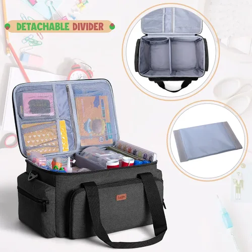 Vista 2 de LUXJA Bolsa de manualidades de gran capacidad con correa para el hombro, bolsa de manualidades para arte, álbumes de recortes o suministros de Negro