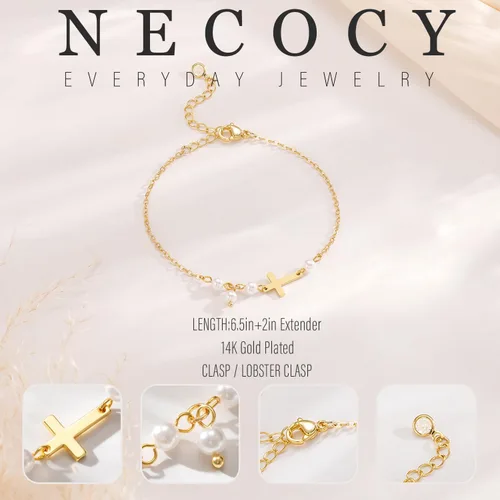 Vista 5 de NECOCY Gold Bracelets for Women, Dainty Silver14K Gold Plated Cross Bracelet Stack Pearl Bead Knot Cross Chain Bracelet Trendy Religious Christian