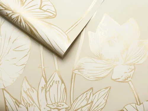 Vista 2 de NextWall - Papel tapiz para pared, diseño de loto floral (Oro metálico y crema)