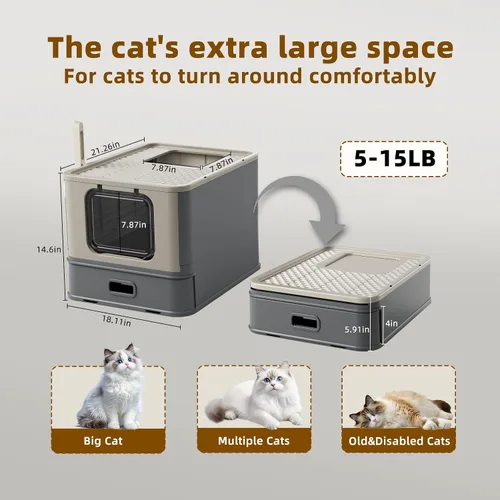 Vista 3 de PAKEWAY Caja de arena cerrada de acero inoxidable para gatos con cajón extraíble, diseño cubierto a prueba de fugas, caja de arena de metal grande