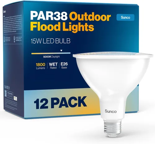 Vista 9 de Sunco - Paquete de 12 bombillas de inundación para exteriores, luces LED PAR38 impermeables, 1800 LM, 15 W (equivalente a 150 W), blanco cálido