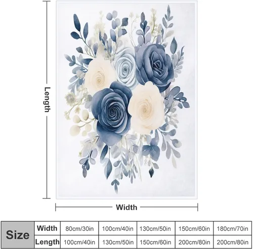 Vista 2 de Manta de flores de acuarela azul marino, bohemias, manta de acuarela floral con coronas de rosas y hojas de peonías, lujosa, cálida y acogedora