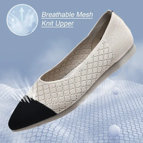 Vista 5 de Buyrew Zapatos planos de ballet con punta puntiaguda para mujer, zapatos de vestir de punto, cuña baja, soporte de arco, caminar, oficina, negocios